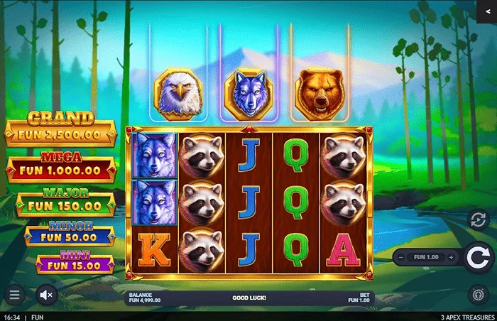 3 Apex Treasures - hovedspillskjerm med et 5x3-hjuloppsett